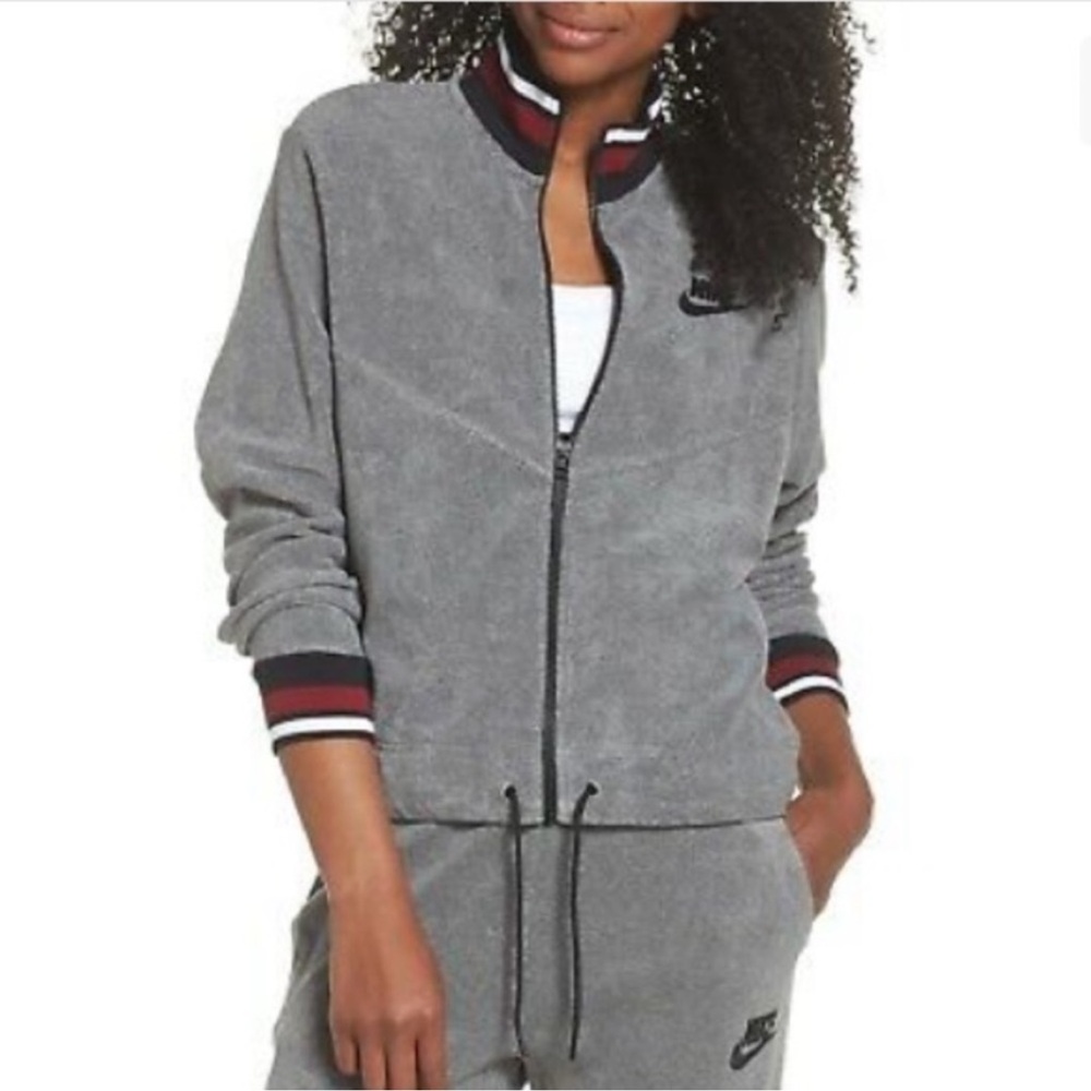 Nike French Terry Full-Zip Track Jacket in Grey, Drawstring Waist, Size Medium